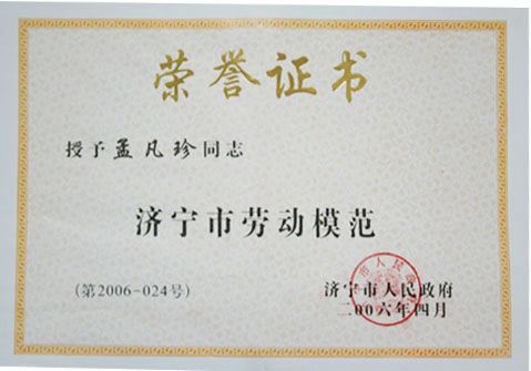 “济宁市劳动模范”荣誉证书