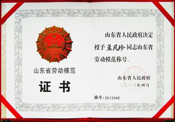 “山东省劳动模范”荣誉证书